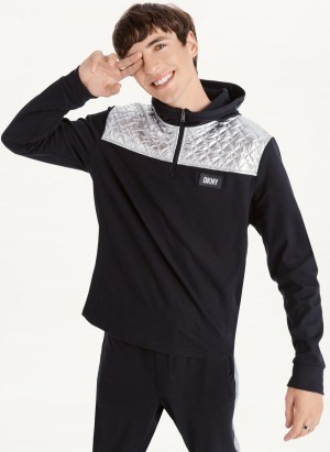 DKNY Silver Contrast 1/2 Zip Men's Hoodies Black | Ireland_D0293