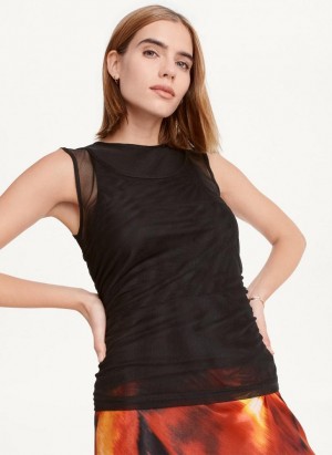 DKNY Sleeveless Double Mesh Layer Women's Tank Top Black | Ireland_D0299