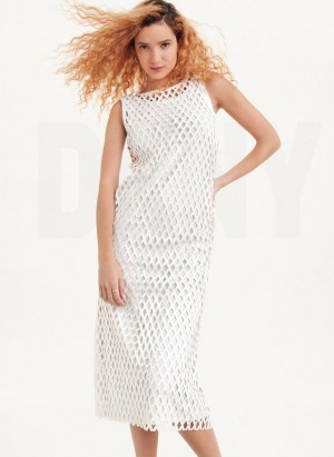 DKNY Sleeveless Perforated A-Line Women's Dress White | Ireland_D1569