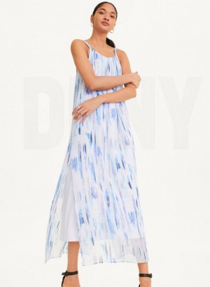 DKNY Sleeveless Printed Chiffon Women's Dress White / Multicolor | Ireland_D0504