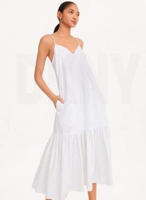 DKNY Sleeveless V-Neck Poplin Women's Dress White | Ireland_D0602