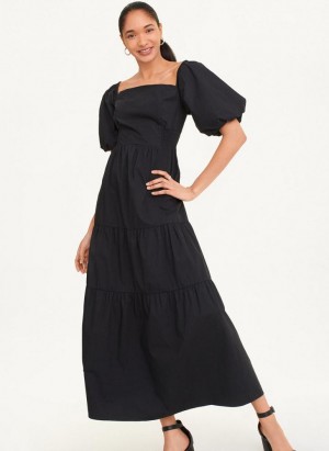 DKNY Square Neck Tiered Poplin Women's Dress Black | Ireland_D0273