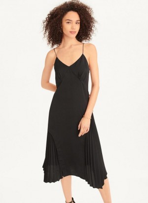 DKNY V-neck Asymmetrical Pleated Women's Dress Black | Ireland_D0577