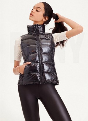 DKNY Wet Token Logo Puffer Vest Women's Coats Black | Ireland_D0215