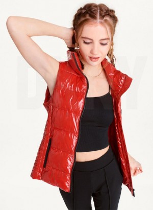 DKNY Wet Token Logo Puffer Vest Women's Coats Red | Ireland_D1084