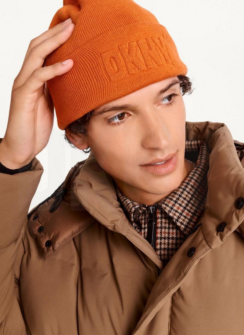 DKNY 3D Logo Men\'s Beanie Orange | Ireland_D1609