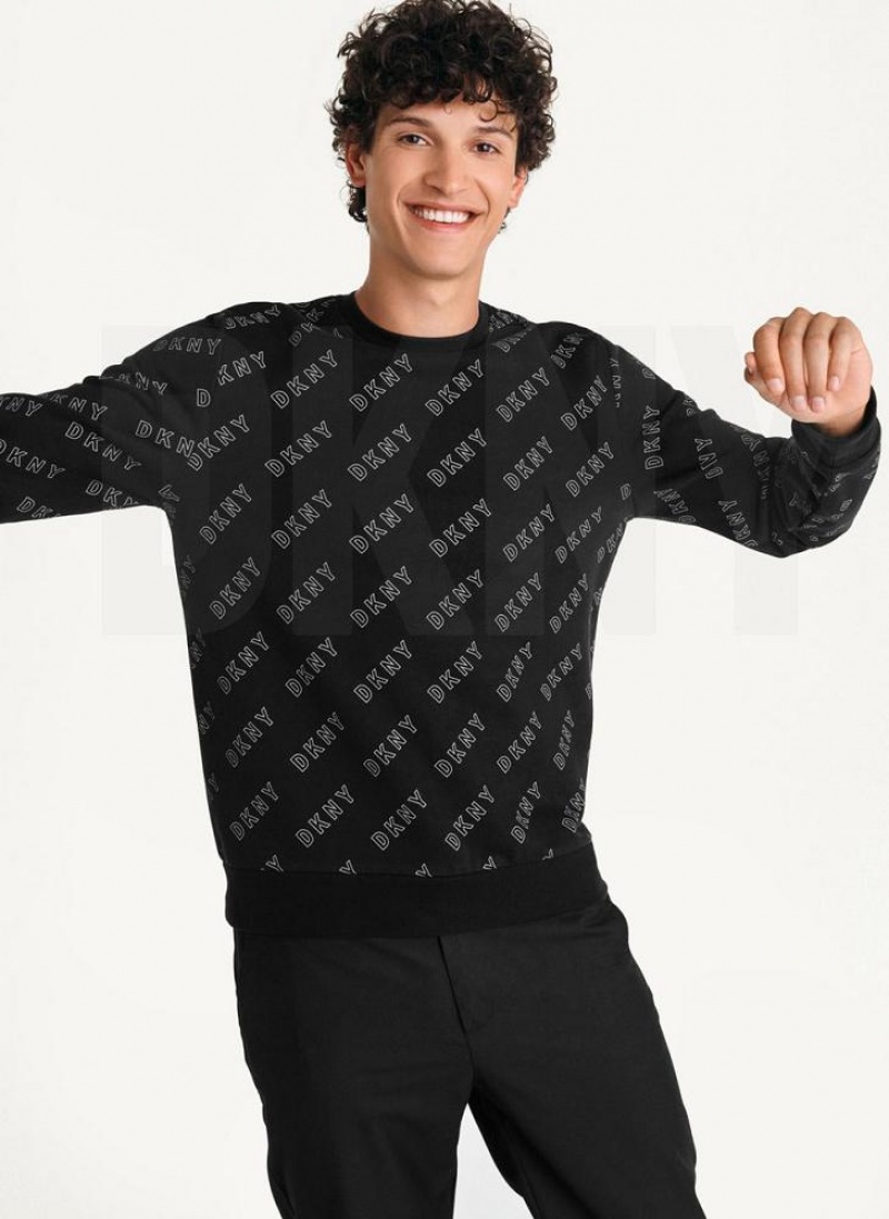 DKNY All Over Logo French Terrycrewneck Men's Sweatshirts Black | Ireland_D0141