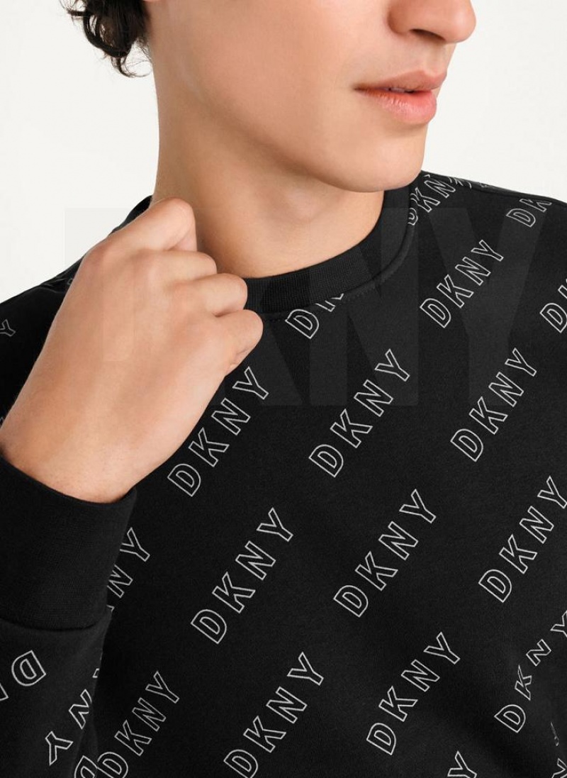 DKNY All Over Logo French Terrycrewneck Men's Sweatshirts Black | Ireland_D0141