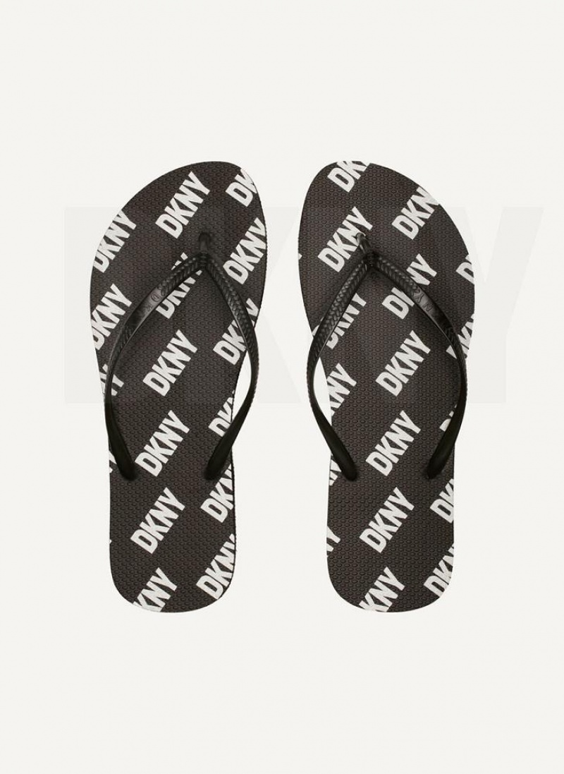 DKNY Allover Logo Men\'s Flip Flops Black | Ireland_D0865