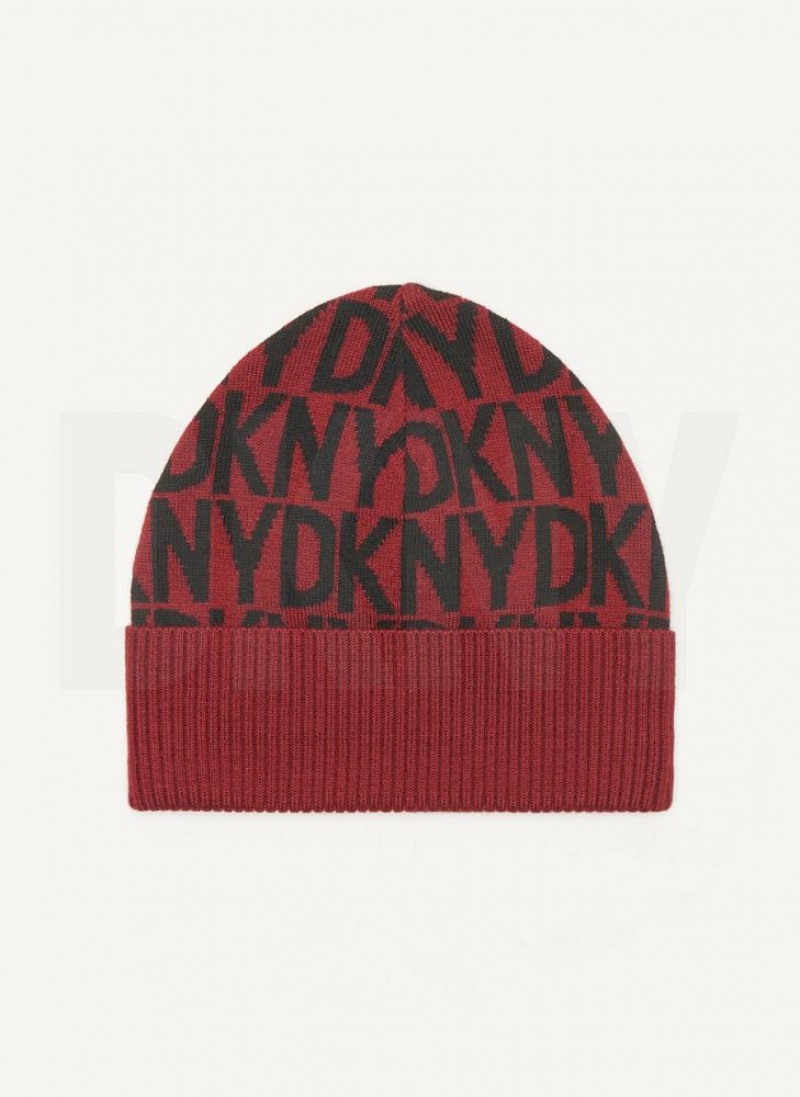 DKNY Allover Logo With Fold Back Brim Men's Beanie Dark Red | Ireland_D1169