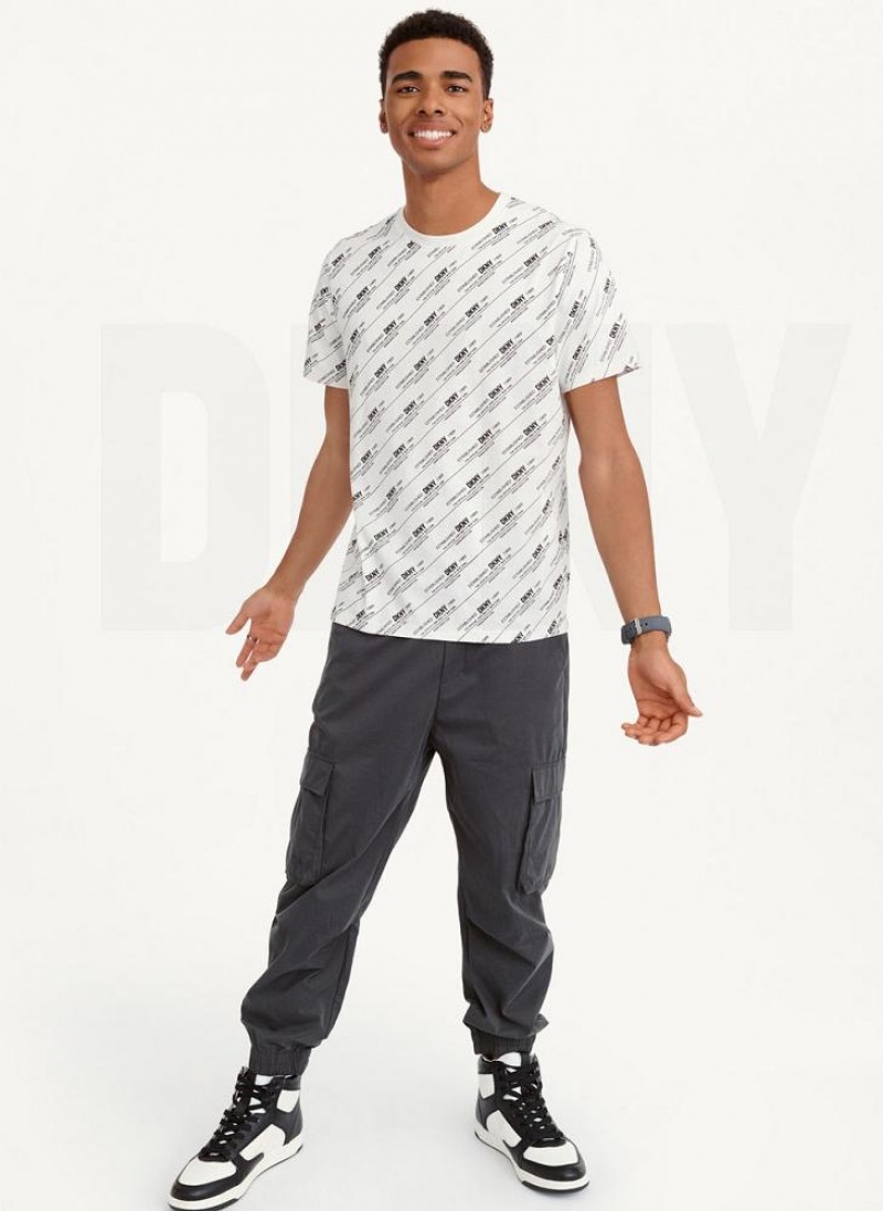 DKNY Allover Stripe Logo Men's T Shirts White | Ireland_D0657