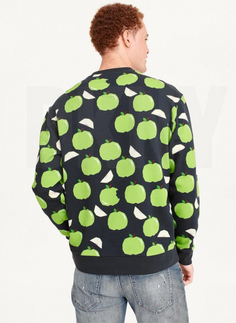 DKNY Apple Print Long Sleeve Crew Neck Men's Sweatshirts Blue | Ireland_D0948