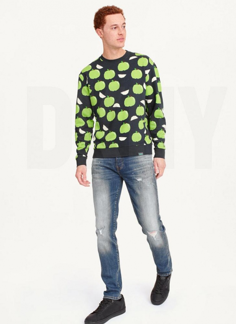 DKNY Apple Print Long Sleeve Crew Neck Men's Sweatshirts Blue | Ireland_D0948