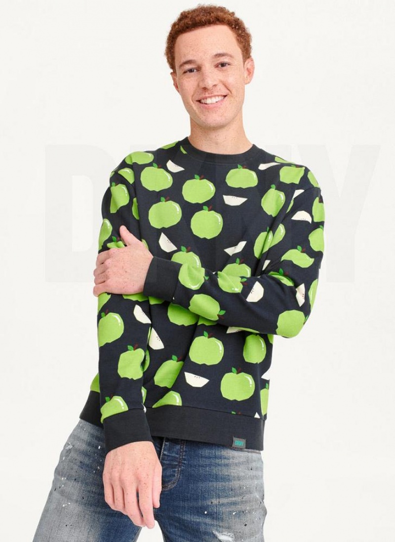 DKNY Apple Print Long Sleeve Crew Neck Men\'s Sweatshirts Blue | Ireland_D0948