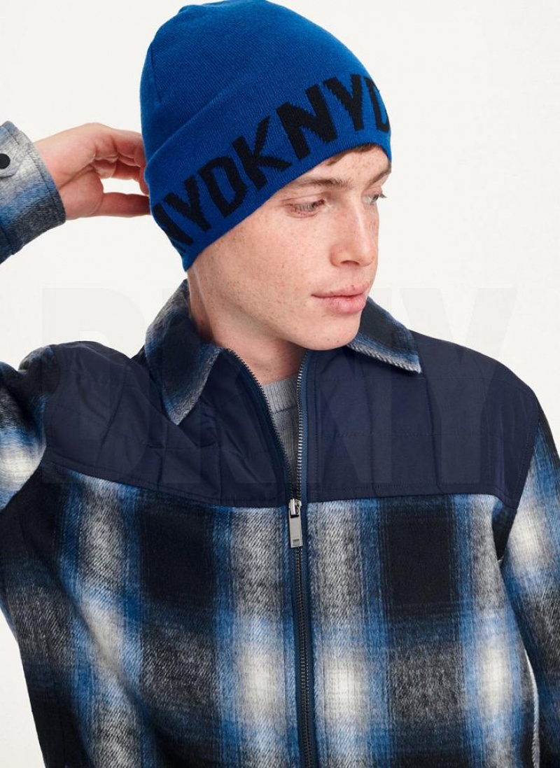 DKNY Brim Logo Men's Beanie Deep Blue | Ireland_D1659