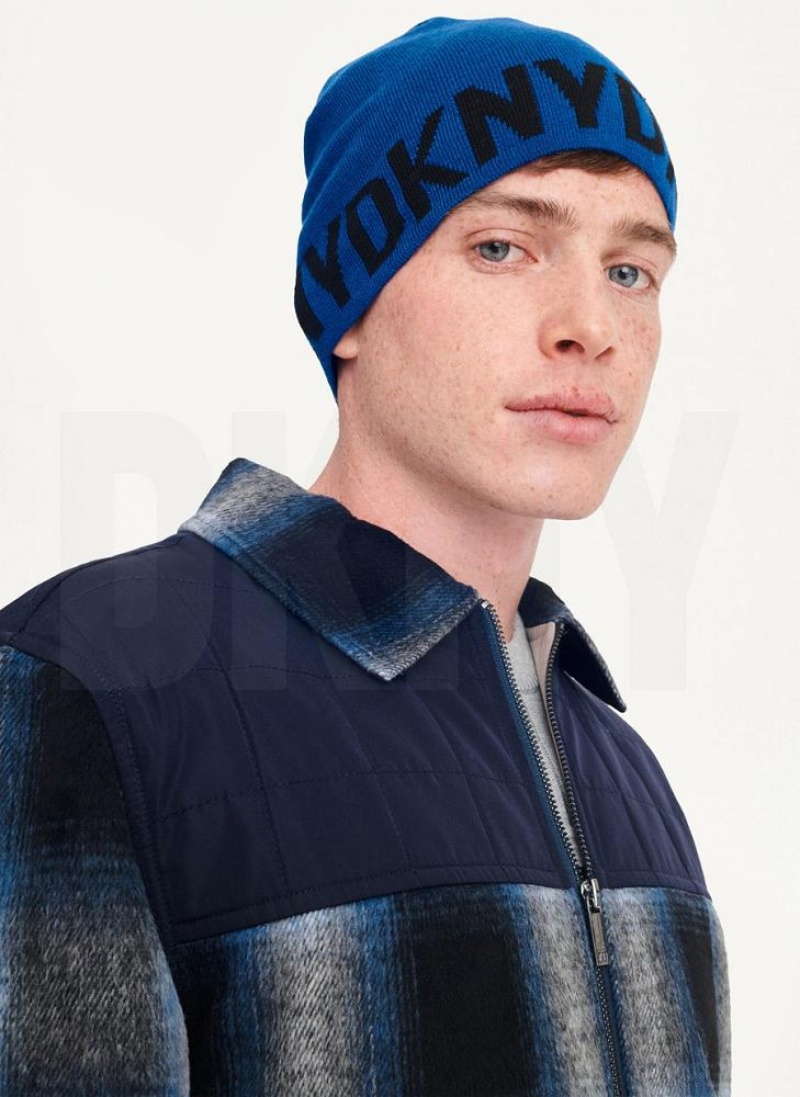 DKNY Brim Logo Men\'s Beanie Deep Blue | Ireland_D1659