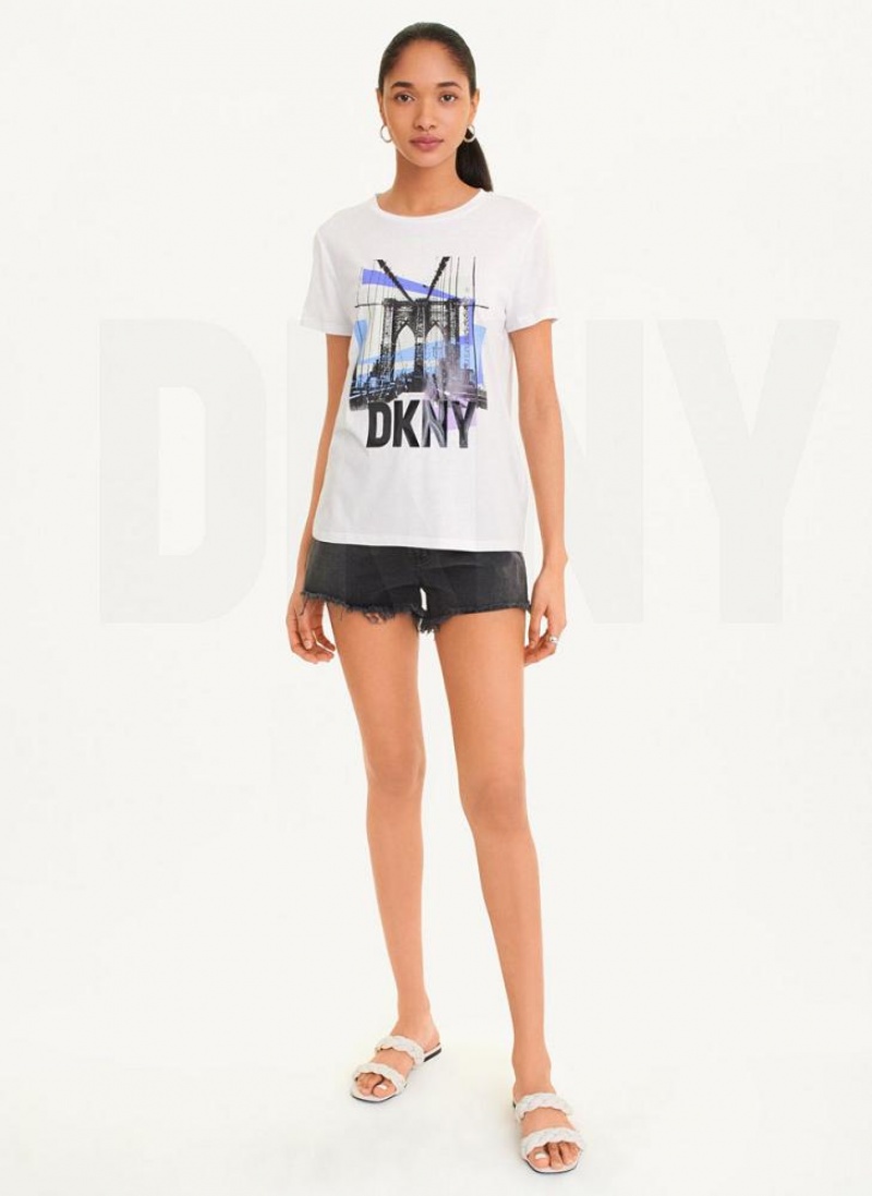 DKNY Brooklyn Bridge Logo Women's T Shirts White | Ireland_D1735