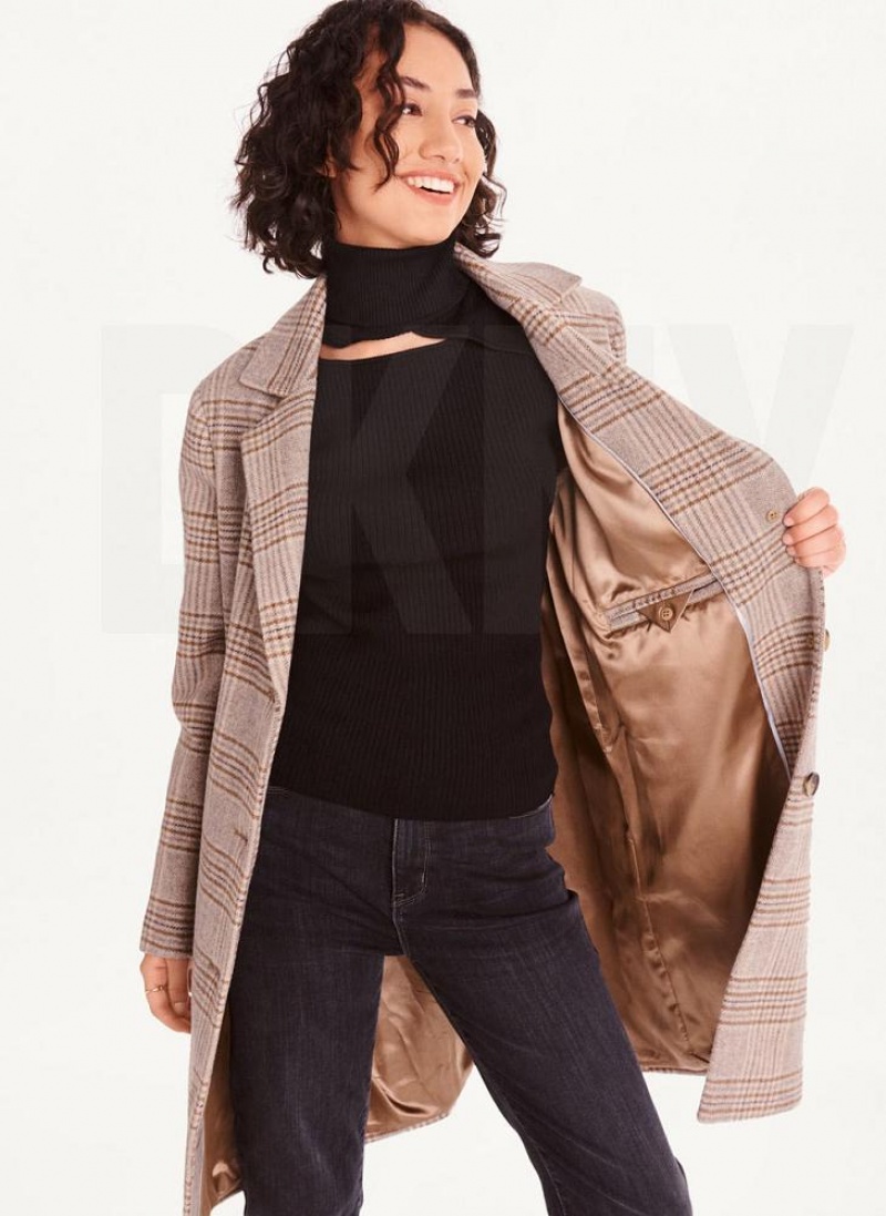 DKNY Brown Plaid Women's Coats Brown / Black | Ireland_D0199