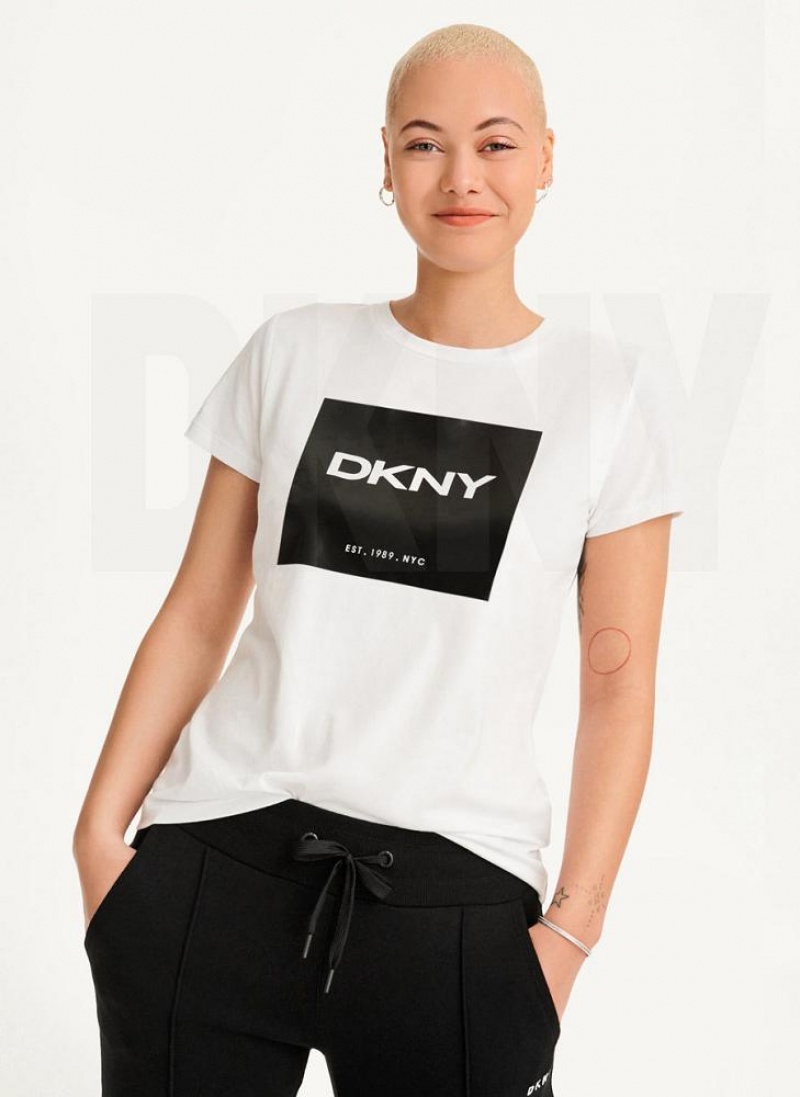 DKNY Coated Box Logo Women's T Shirts White | Ireland_D1482