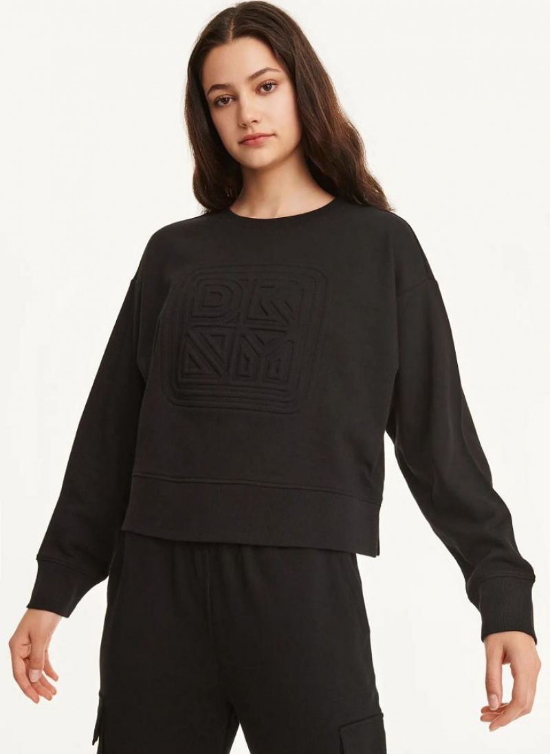 DKNY Cotton Jersey Crew With Logo Embossing Women\'s Sweatshirts Black | Ireland_D1054