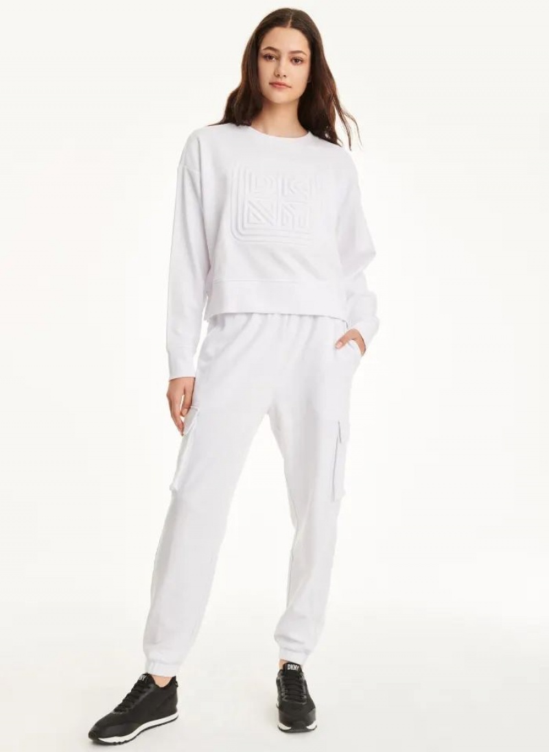 DKNY Cotton Jersey Crew With Logo Embossing Women's Sweatshirts White | Ireland_D1258