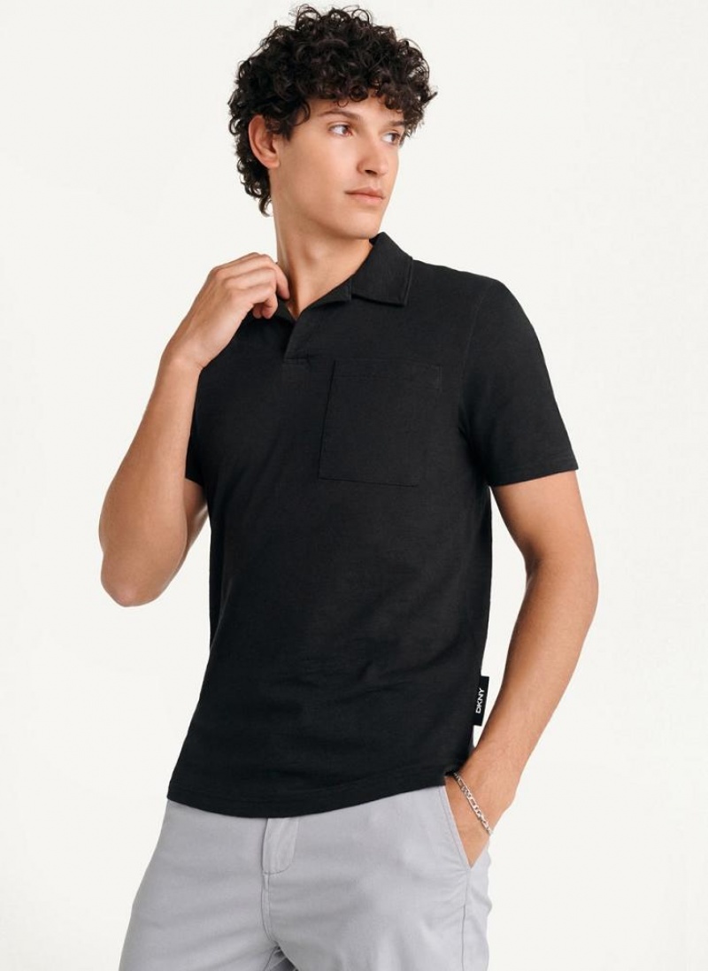 DKNY Cotton Slub Jersey Single Breast Men's Polo Shirts Black | Ireland_D1271