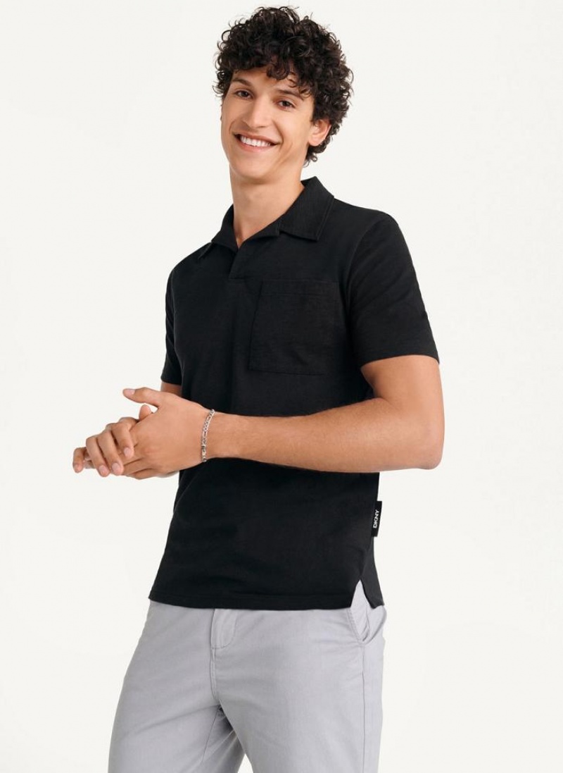 DKNY Cotton Slub Jersey Single Breast Men's Polo Shirts Black | Ireland_D1271