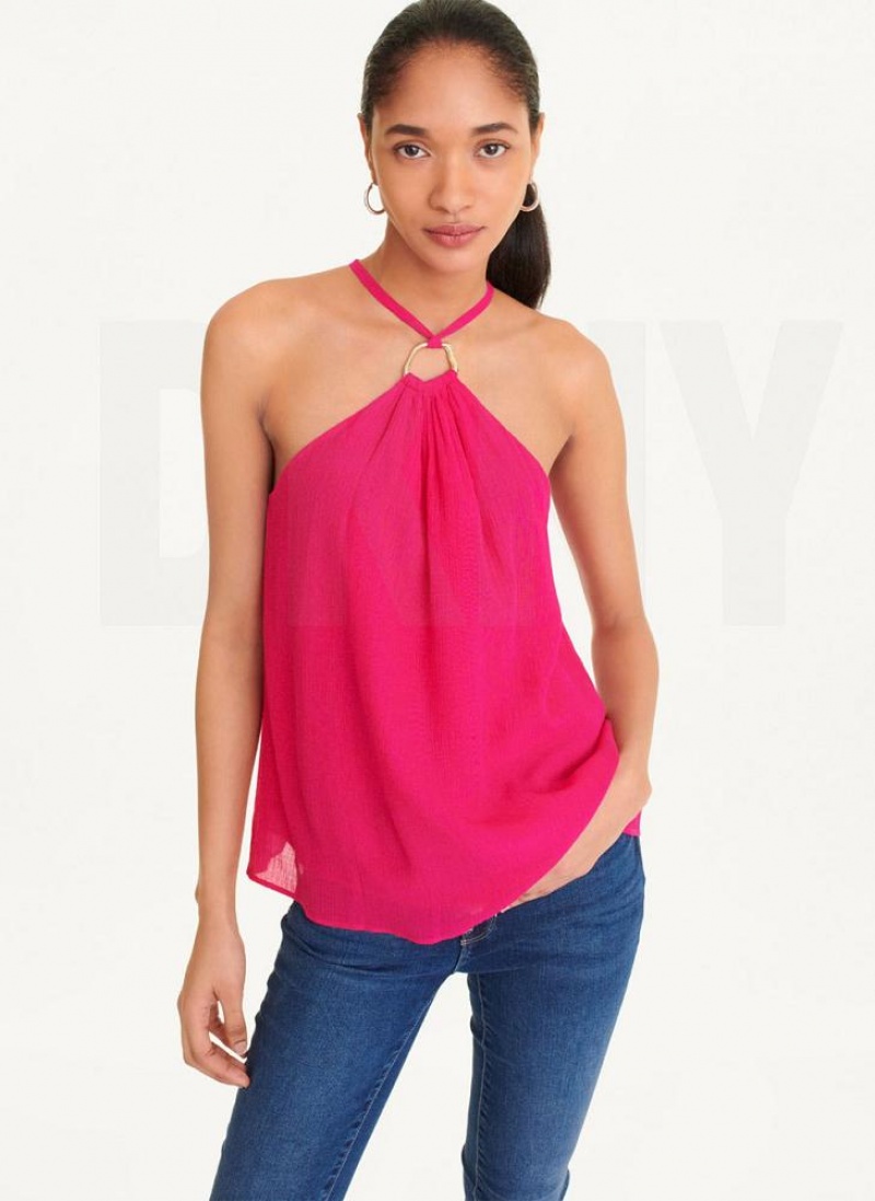 DKNY Crinkle Rayon Crossover Blouse Women\'s Tank Top Pink | Ireland_D0927