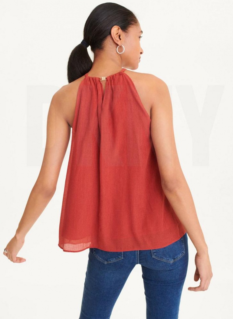 DKNY Crinkle Rayon Crossover Blouse Women's Tank Top Red | Ireland_D0601