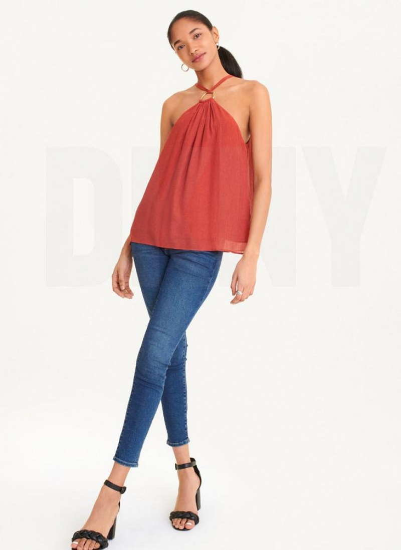 DKNY Crinkle Rayon Crossover Blouse Women's Tank Top Red | Ireland_D0601