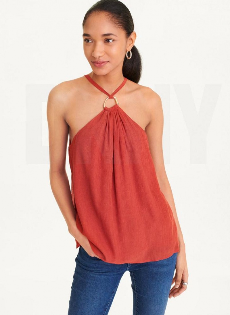 DKNY Crinkle Rayon Crossover Blouse Women\'s Tank Top Red | Ireland_D0601