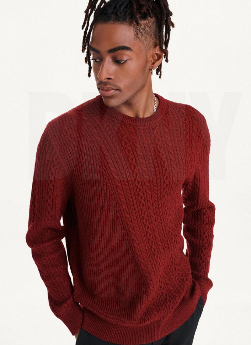 DKNY Diagonal Cable Crew Men's Sweaters Dark Red | Ireland_D0548