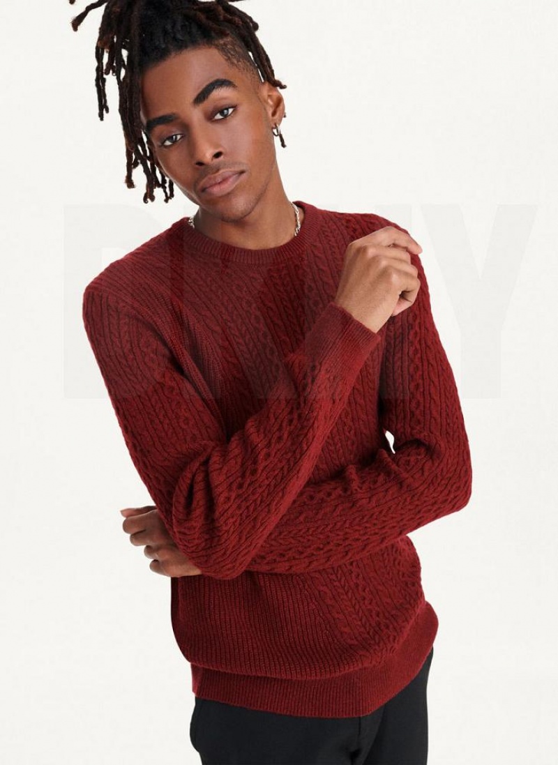 DKNY Diagonal Cable Crew Men\'s Sweaters Dark Red | Ireland_D0548