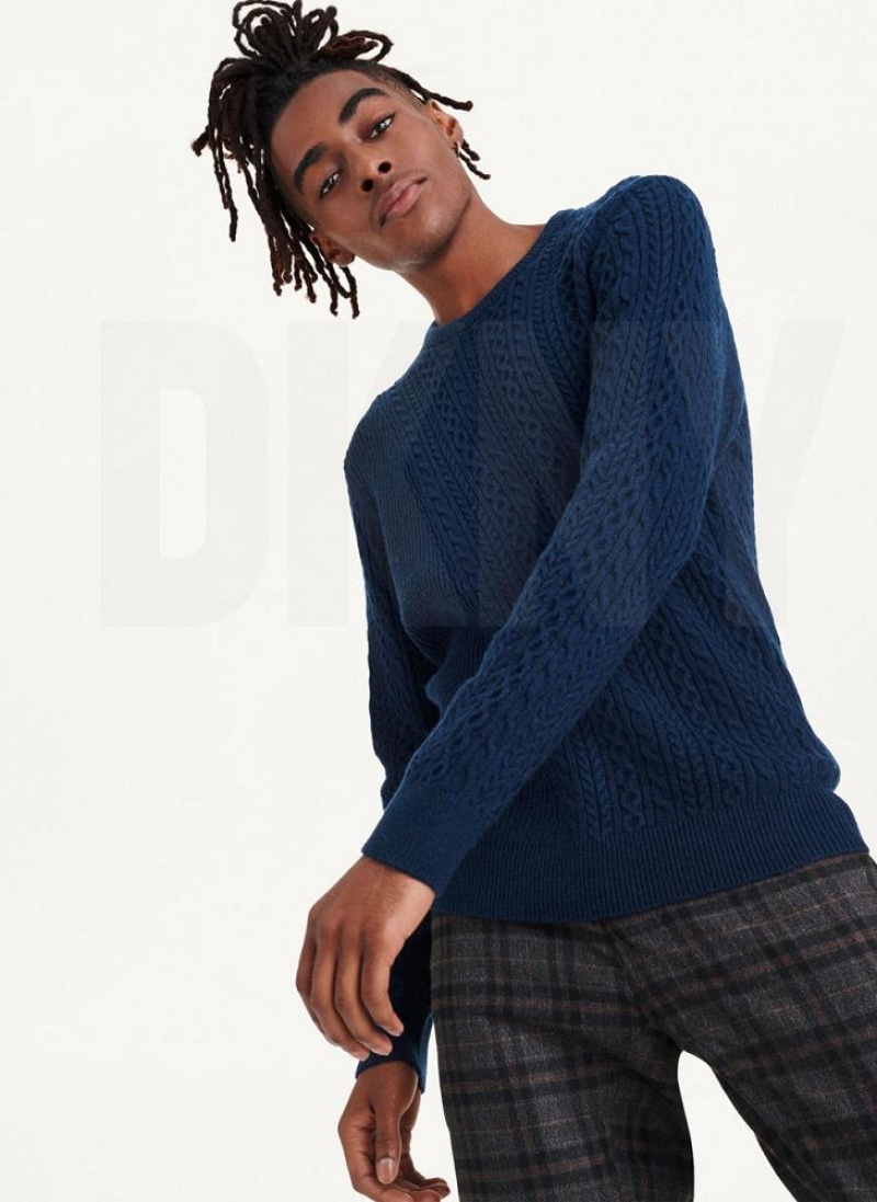 DKNY Diagonal Cable Crew Men's Sweaters Navy | Ireland_D1429