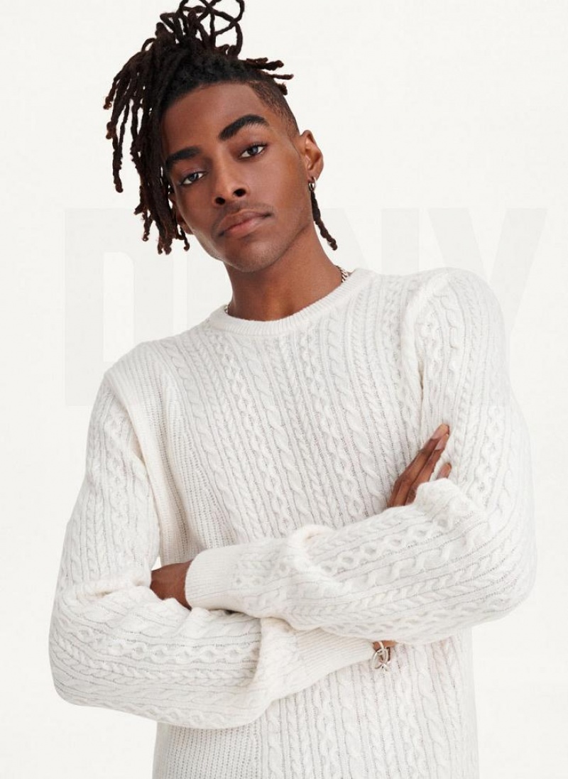 DKNY Diagonal Cable Crew Men's Sweaters White | Ireland_D0264