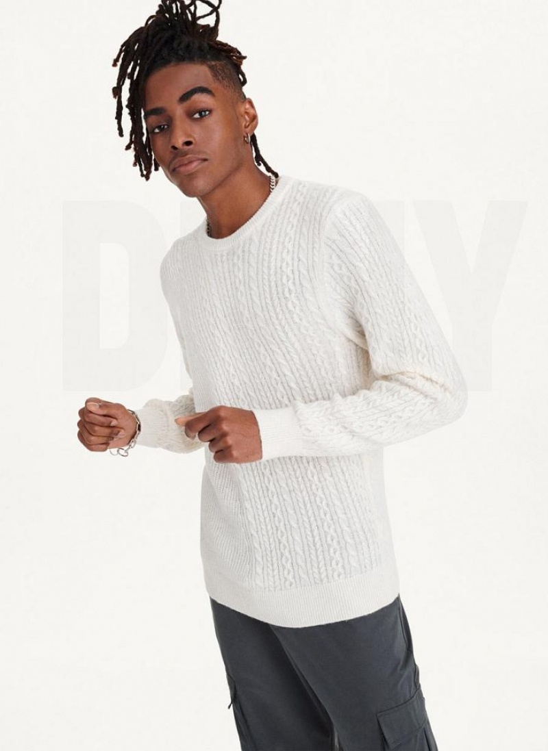 DKNY Diagonal Cable Crew Men\'s Sweaters White | Ireland_D0264