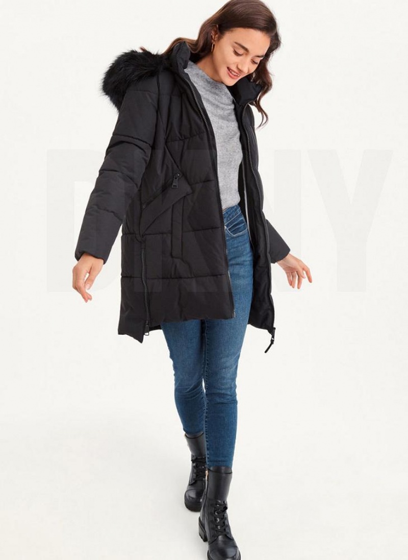 DKNY Double-Pocketed Faux-Fur Long Puffer Women's Coats Black | Ireland_D0205