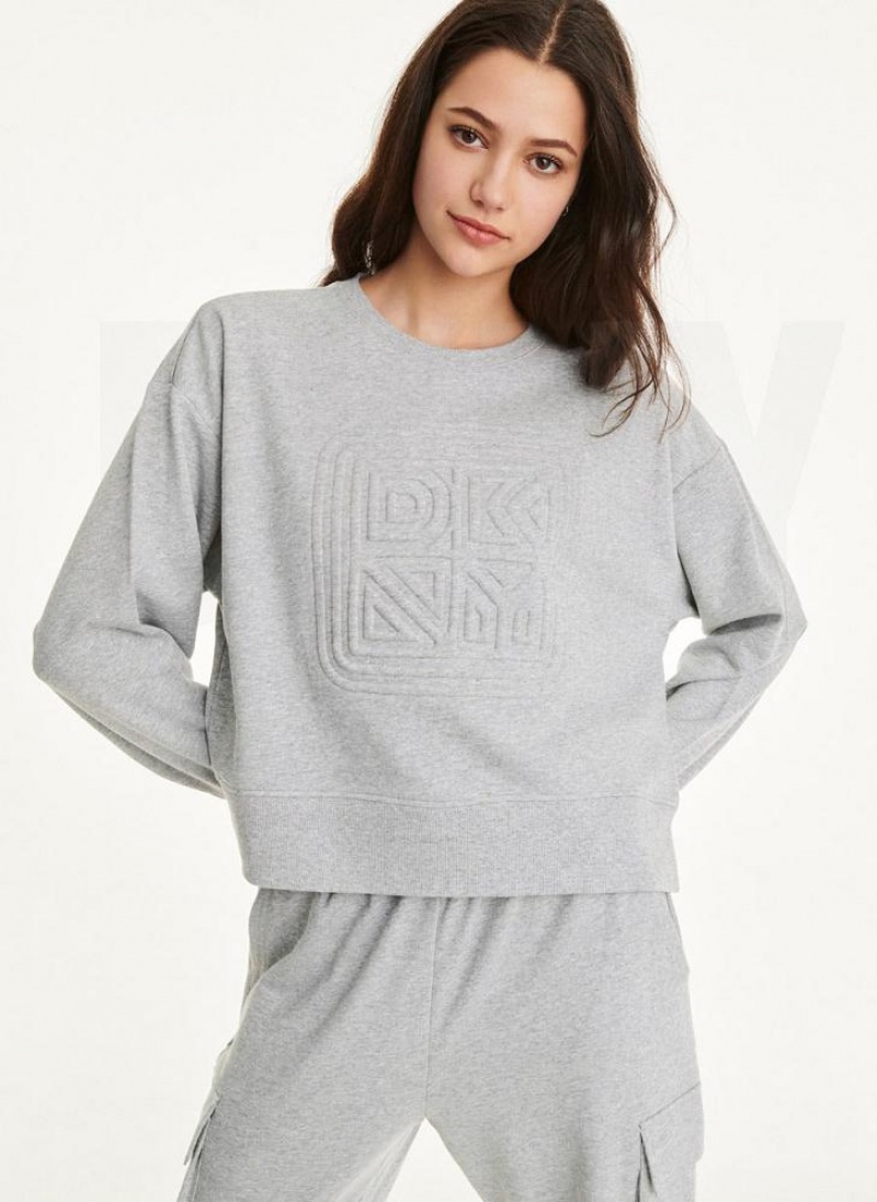 DKNY Embossed Logo Crewneck Women's Sweatshirts Light Grey | Ireland_D1855