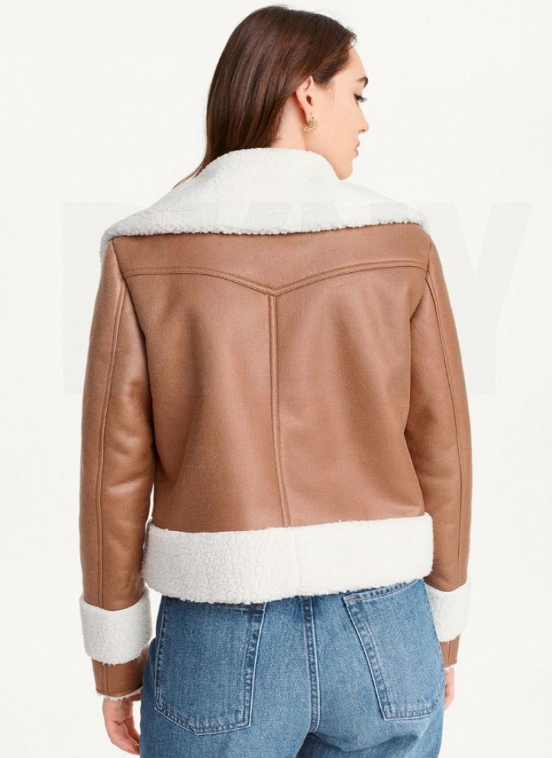 DKNY Faux-Suede Shearling Trim Biker Women's Coats Brown | Ireland_D1561