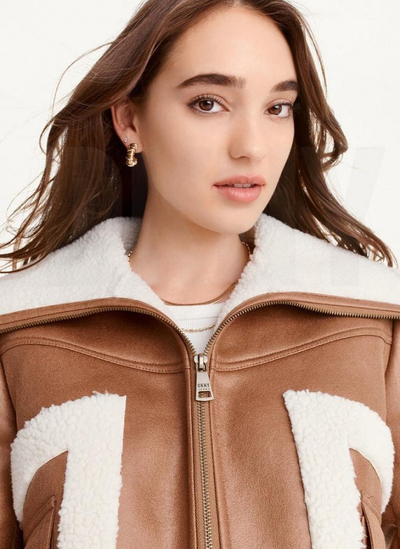 DKNY Faux-Suede Shearling Trim Biker Women's Coats Brown | Ireland_D1561