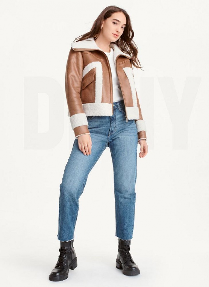 DKNY Faux-Suede Shearling Trim Biker Women's Coats Brown | Ireland_D1561