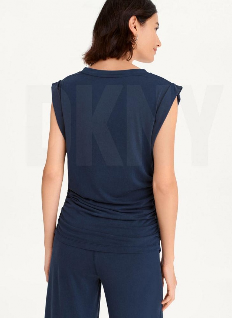 DKNY Flange Sleeve With Side Ruching Women's Tank Top Navy | Ireland_D0998