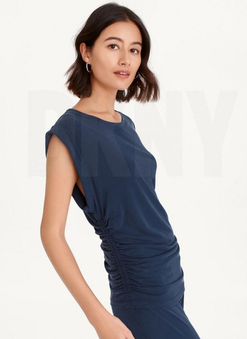 DKNY Flange Sleeve With Side Ruching Women's Tank Top Navy | Ireland_D0998