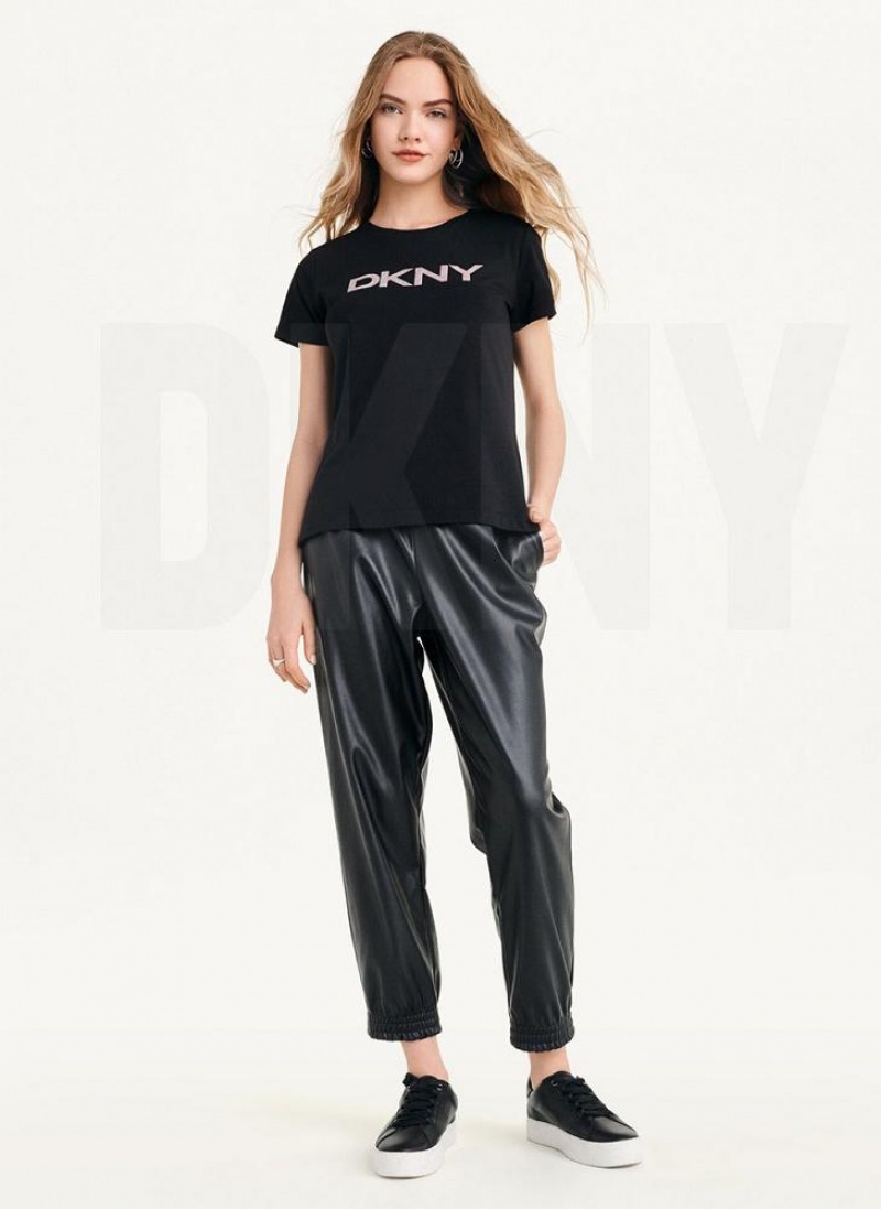 DKNY Glitter Logo Women's T Shirts Black | Ireland_D0771