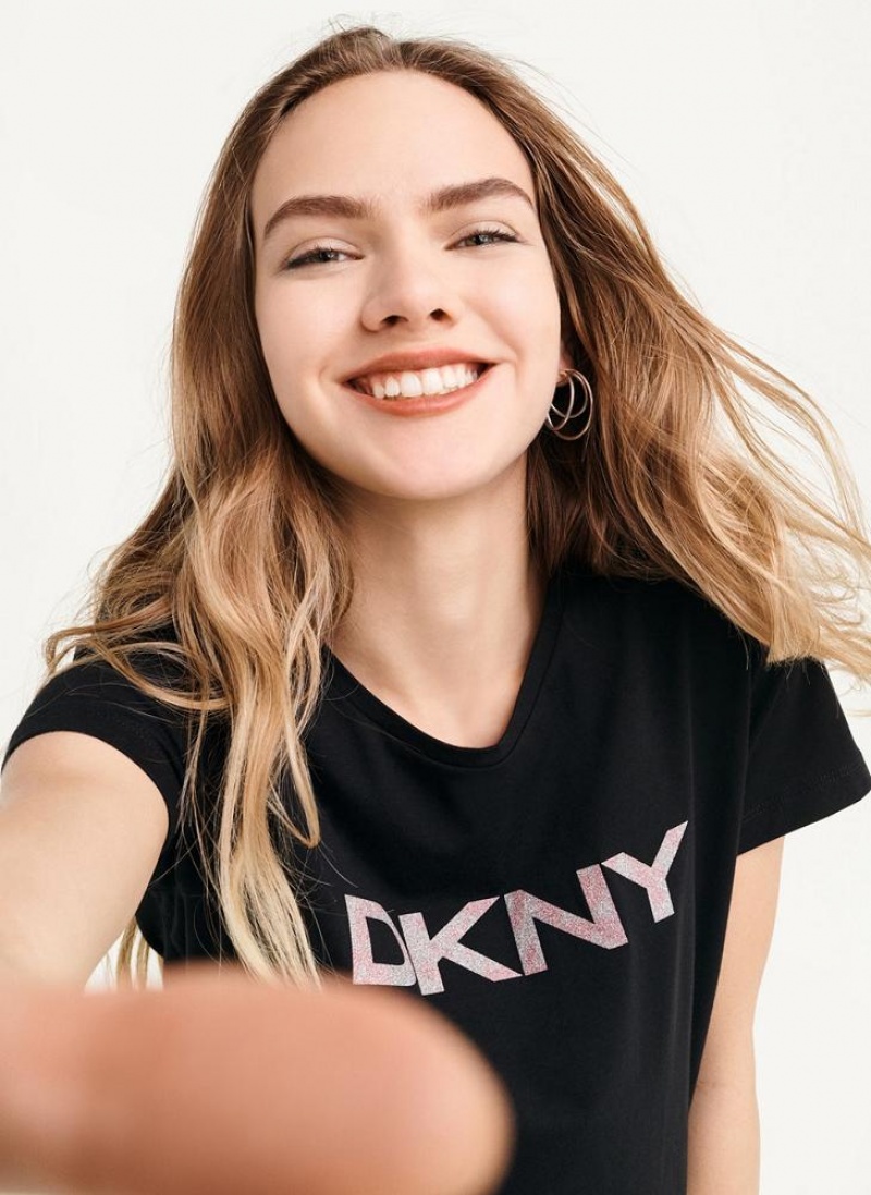 DKNY Glitter Logo Women's T Shirts Black | Ireland_D0771