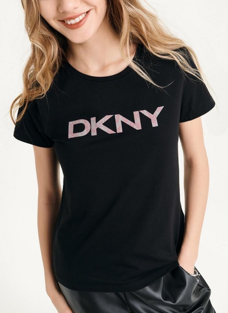 DKNY Glitter Logo Women's T Shirts Black | Ireland_D0771