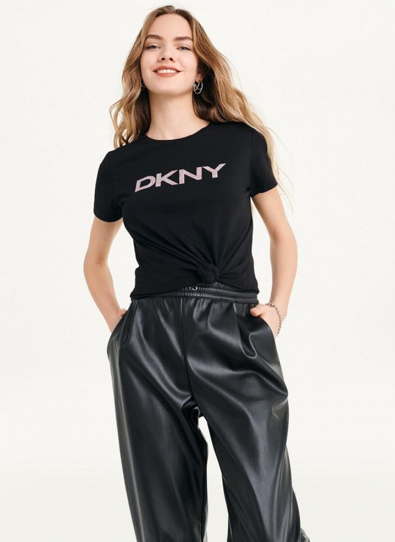 DKNY Glitter Logo Women's T Shirts Black | Ireland_D0771