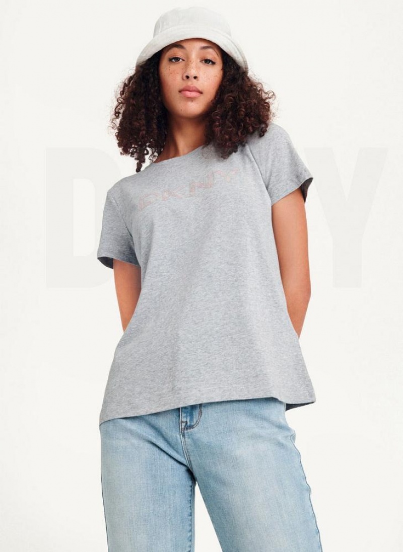 DKNY Glitter Logo Women's T Shirts Grey | Ireland_D1445