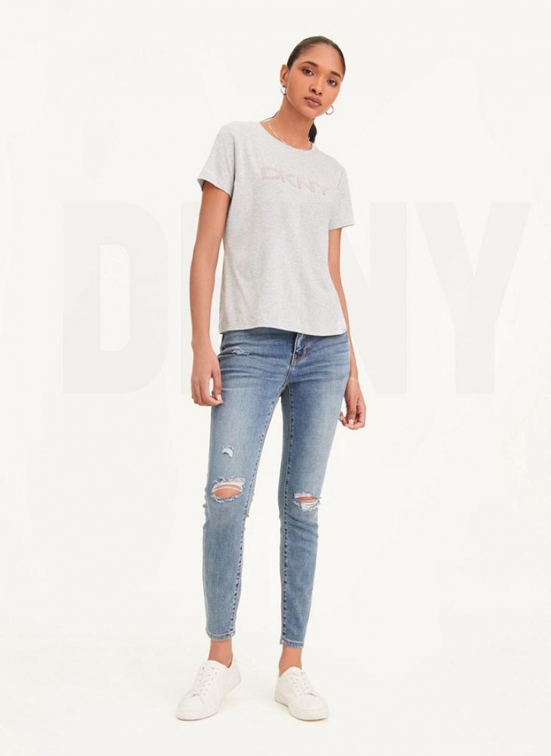 DKNY Glitter Logo Women's T Shirts Grey | Ireland_D0466