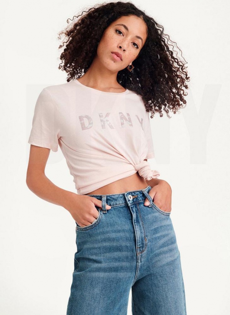 DKNY Glitter Logo Women's T Shirts Pink | Ireland_D0581